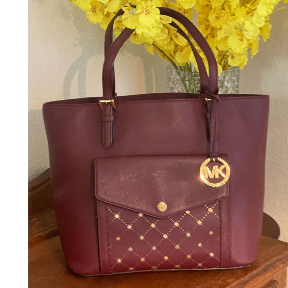 MICHAEL KORS JET SET Travel LARGE SHOULDER TOTE BAG Merlot Burgundy GOLD - Picture 5 of 15